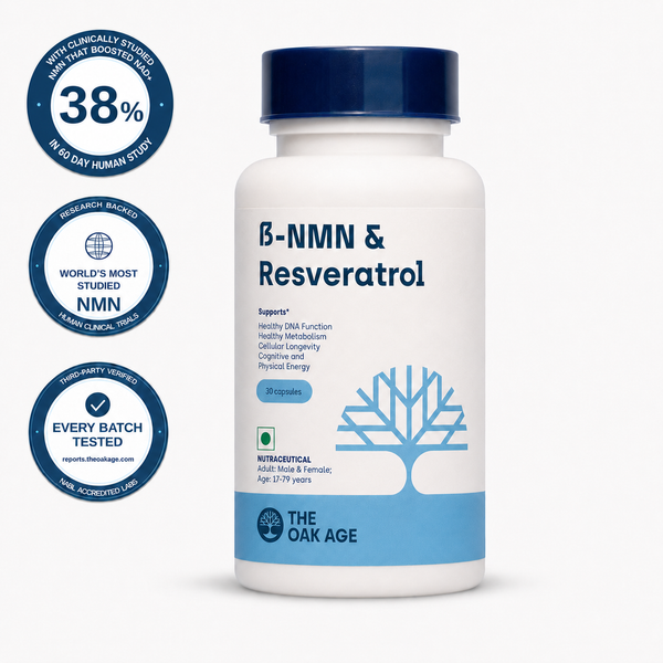 Supplement bottle labeled 'B-NMN & Resveratrol' with branding and certification logos on a white background