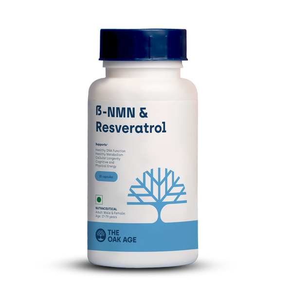 Supplement bottle labeled 'β-NMN & Resveratrol' by 'The Oak Age' on a white background