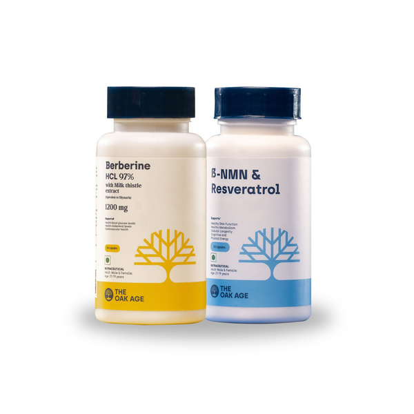 Two supplement bottles labeled 'Berberine HCL 97%' and 'B-NMN & Resveratrol' from 'The Oak Age' on a white background.