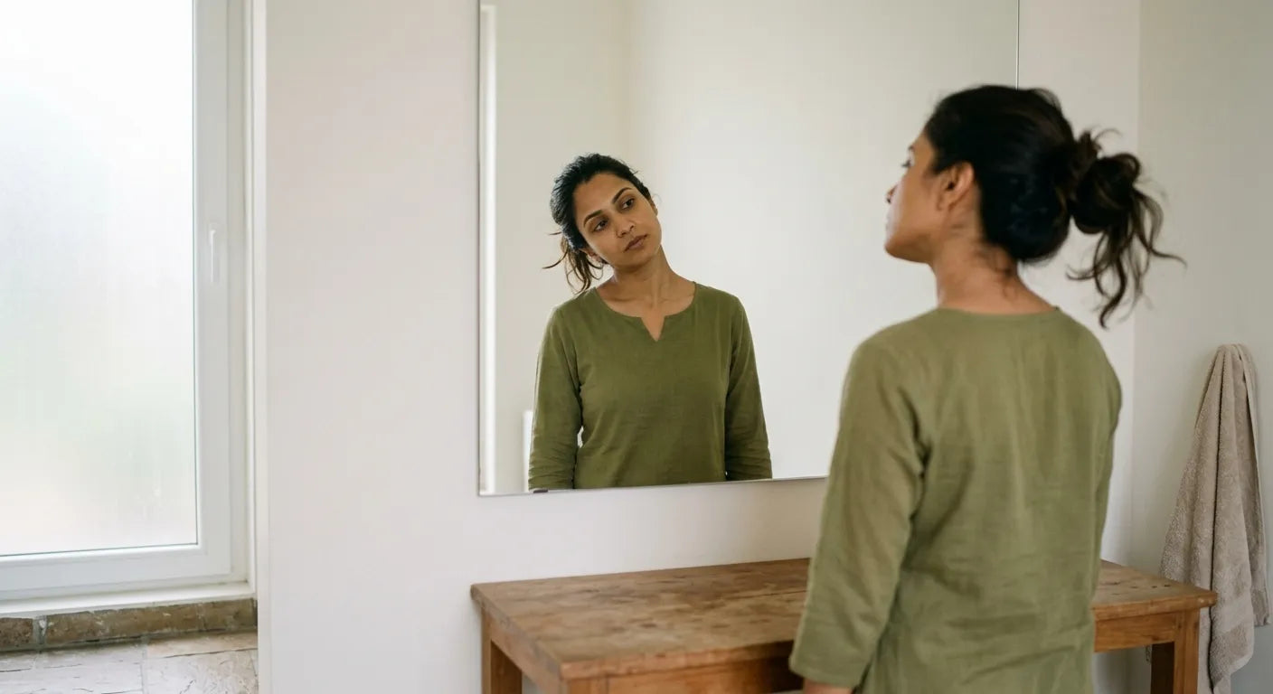 Editorial photograph of an Indian woman checking the side of her neck in a bathroom mirror in soft daylight.