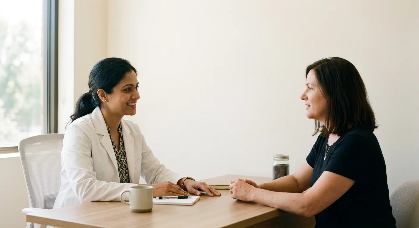 Editorial photograph of an Indian doctor in a white coat talking with a patient across a desk in a bright clinic.