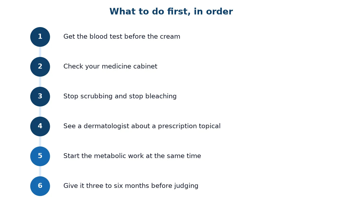 Numbered six-step sequence: get the blood test before the cream, check your medicine cabinet, stop scrubbing and stop bleaching, see a dermatologist about a prescription topical, start the metabolic work at the same time, and give it three to six months before judging.