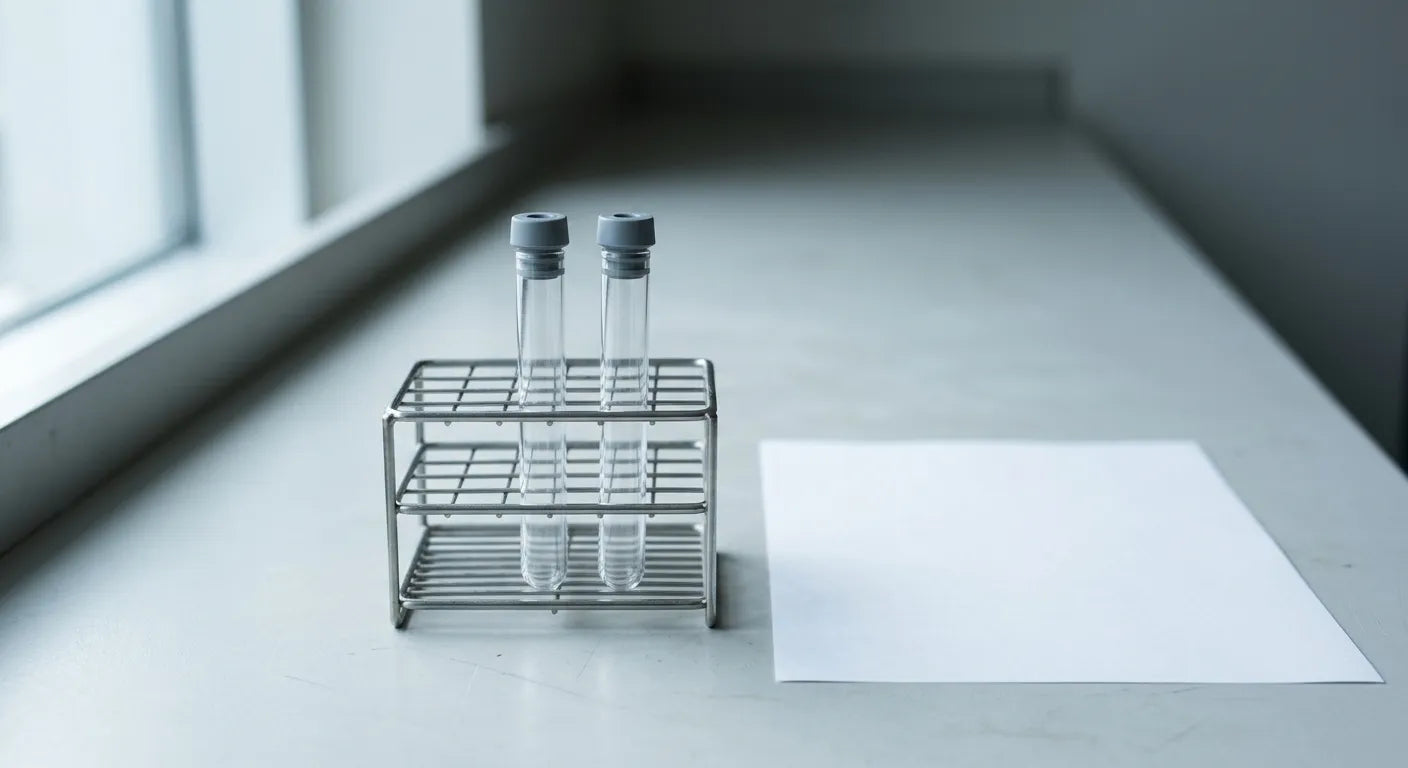 Editorial photograph of two blood sample tubes in a metal rack beside a blank sheet of paper on a plain counter.