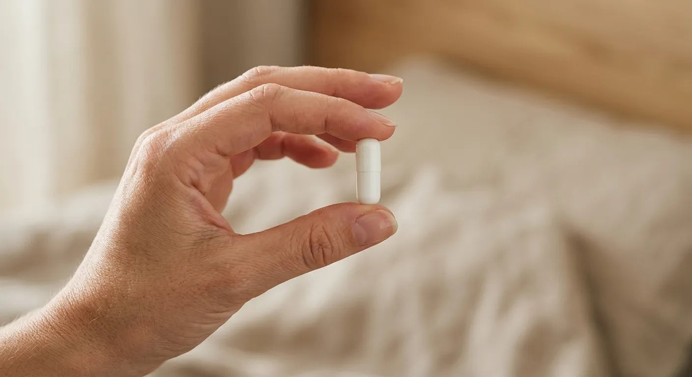 Editorial close-up photograph of a hand holding a single plain white supplement capsule in soft daylight.