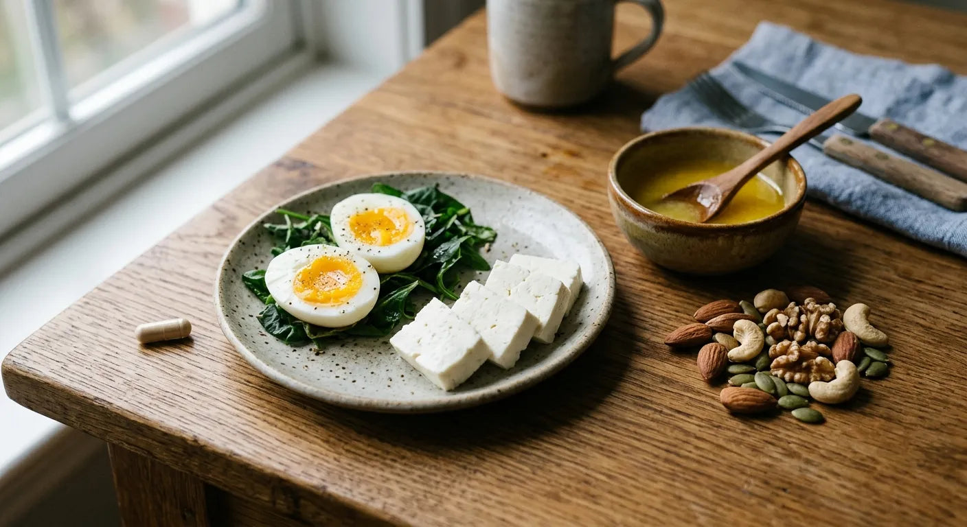 Editorial photograph of a simple Indian meal with healthy fats, including ghee, paneer, boiled eggs and nuts, with a plain supplement capsule resting beside the plate.