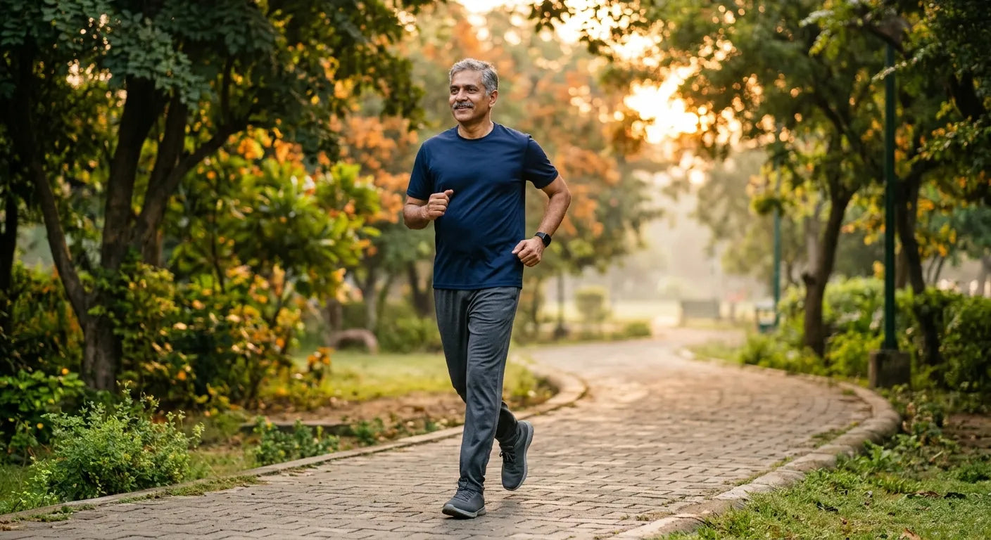 Editorial photograph of an Indian man walking briskly on a park path at sunrise in plain athletic clothes.