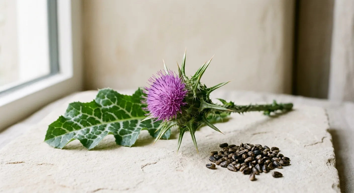 Editorial botanical photograph of milk thistle, Silybum marianum, showing a purple flower head with spiny green bracts, a white-veined leaf, and a small pile of dark mottled seeds on a pale stone surface.