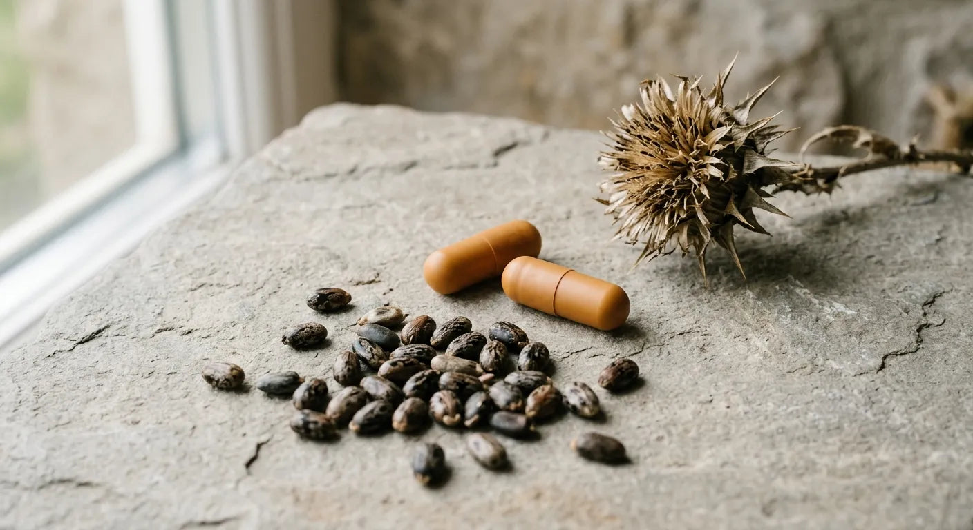 Editorial still-life photograph of two plain unmarked amber supplement capsules lying beside a scattering of dark mottled milk thistle seeds and a dried milk thistle flower head on a warm light grey stone surface.