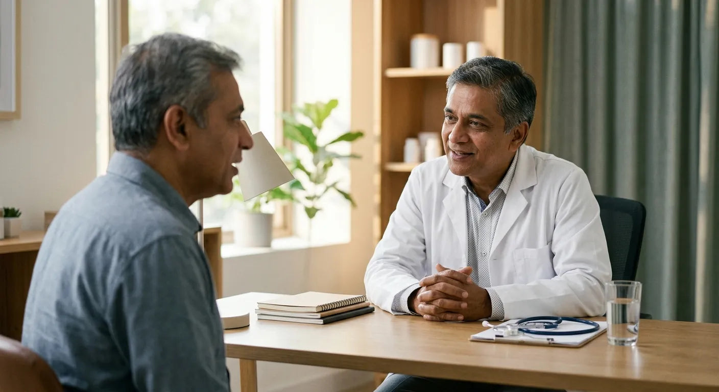 Documentary-style photograph of an Indian doctor in a white coat in calm conversation with a middle-aged Indian patient across a consulting desk, seen from a respectful distance in warm natural light.
