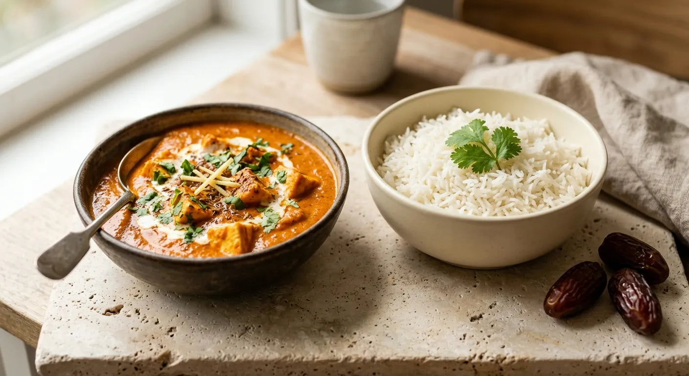 Photograph of two bowls side by side, a rich paneer curry on the left and a plain bowl of steamed rice with dates on the right.
