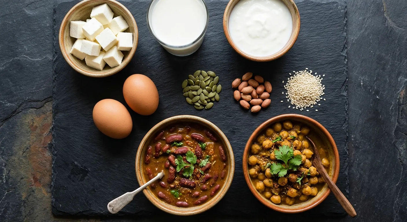 Overhead photograph of Indian protein foods on a dark slate surface: paneer cubes, a glass of milk, a bowl of curd, eggs, rajma, chana, and small piles of sesame seeds, peanuts and pumpkin seeds.