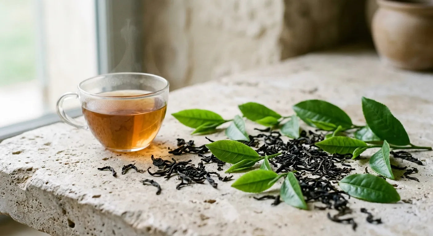 Fresh green tea leaves and dried black tea leaves scattered on a pale stone surface beside a small glass cup of brewed tea.