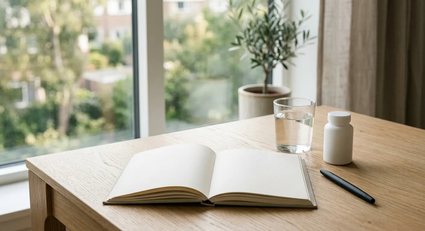 A bright desk beside a window with an open blank notebook, a glass of water, a pen, and a small unmarked matte white supplement bottle.