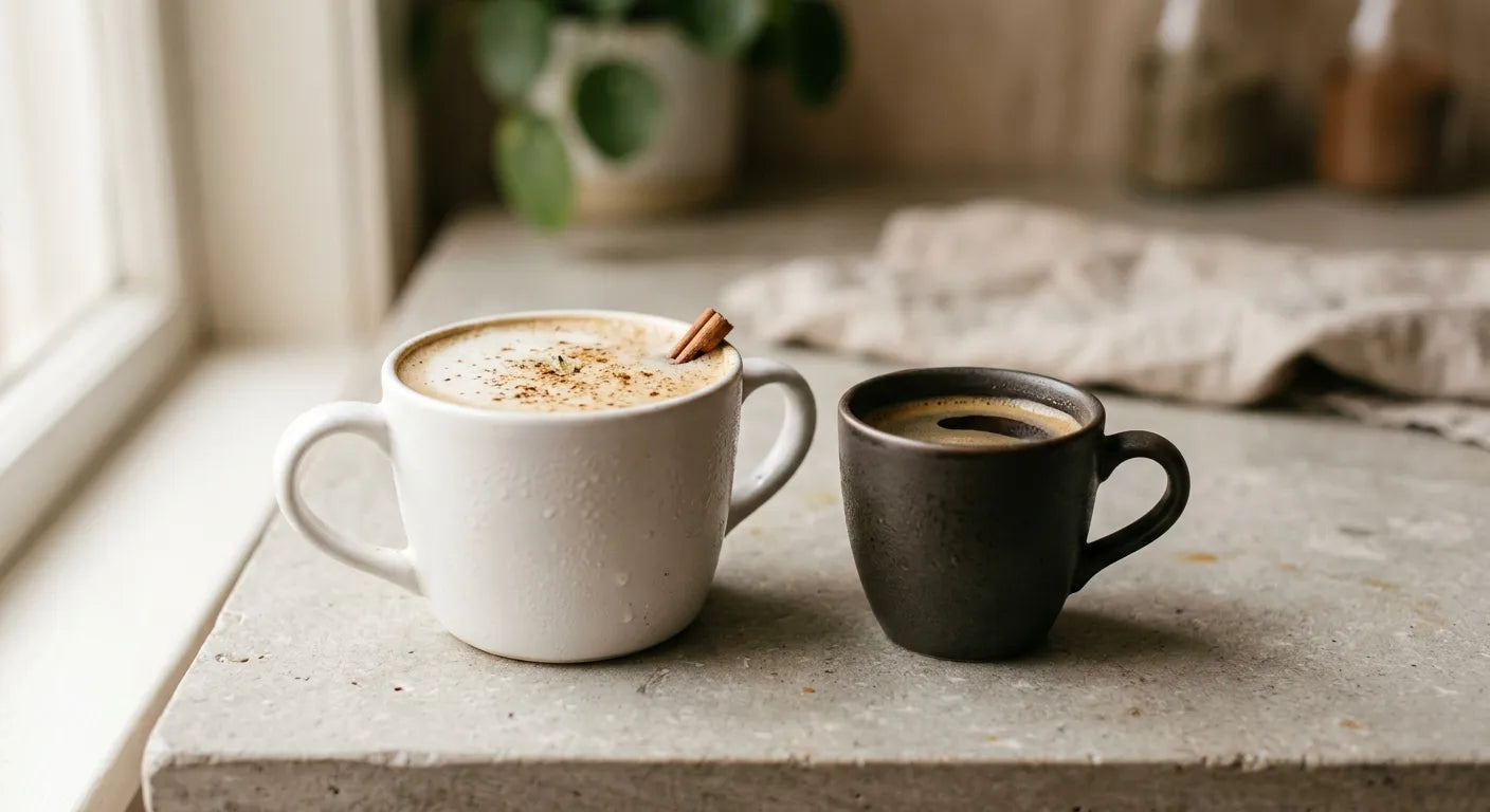 A white ceramic cup of milky masala chai beside a small dark espresso cup of black coffee on a light stone surface.