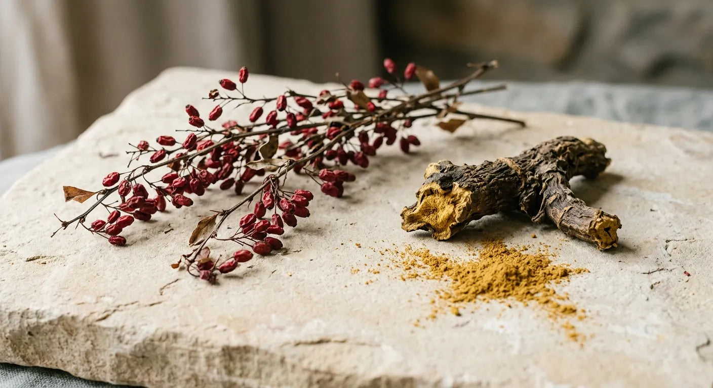 Still life of berberine's botanical sources: dried barberry with red berries, goldenseal root, and a scattering of golden-yellow powder on pale stone.