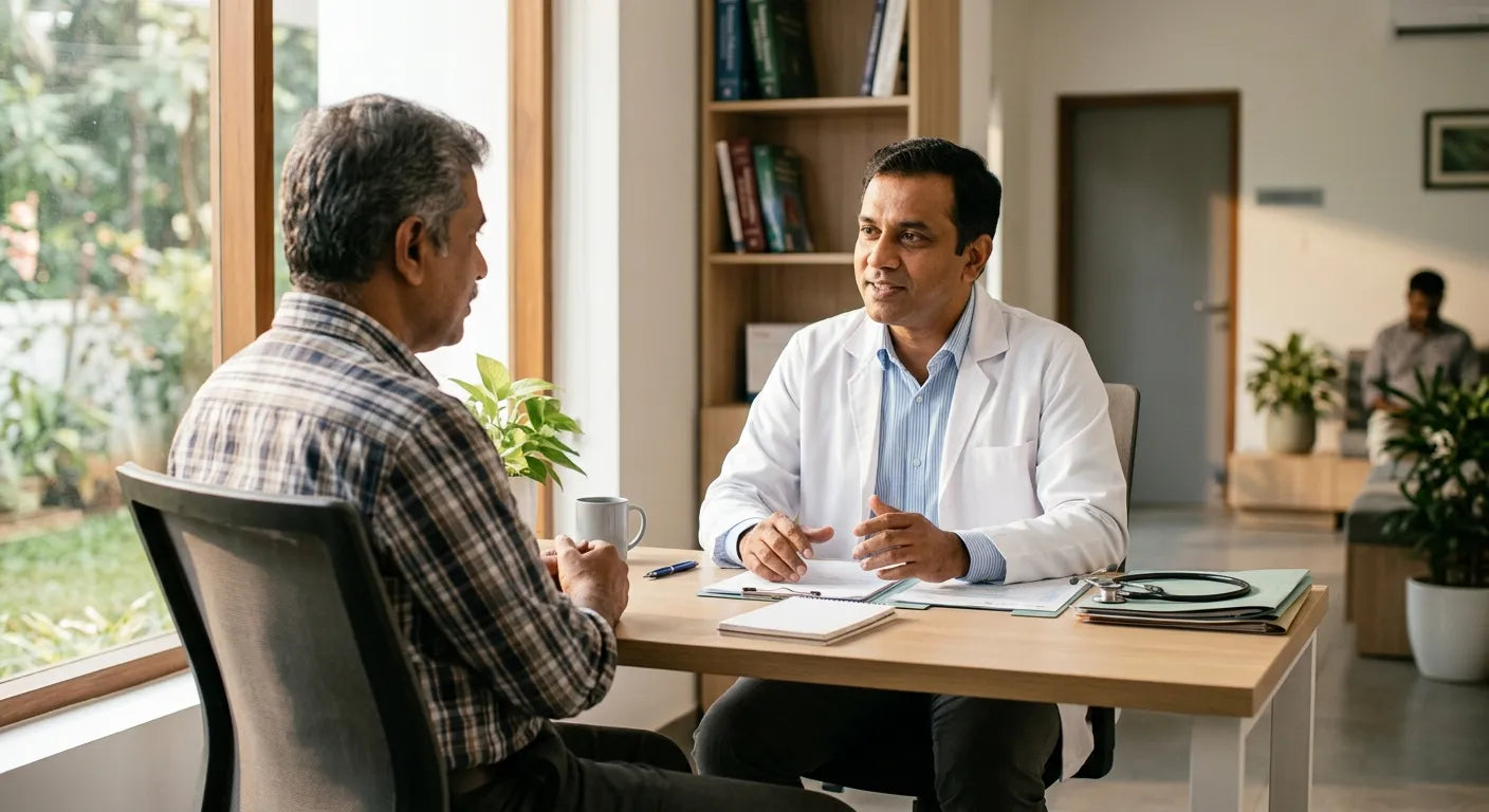 An Indian doctor in a white coat seated at a bright desk in conversation with a middle-aged Indian patient.