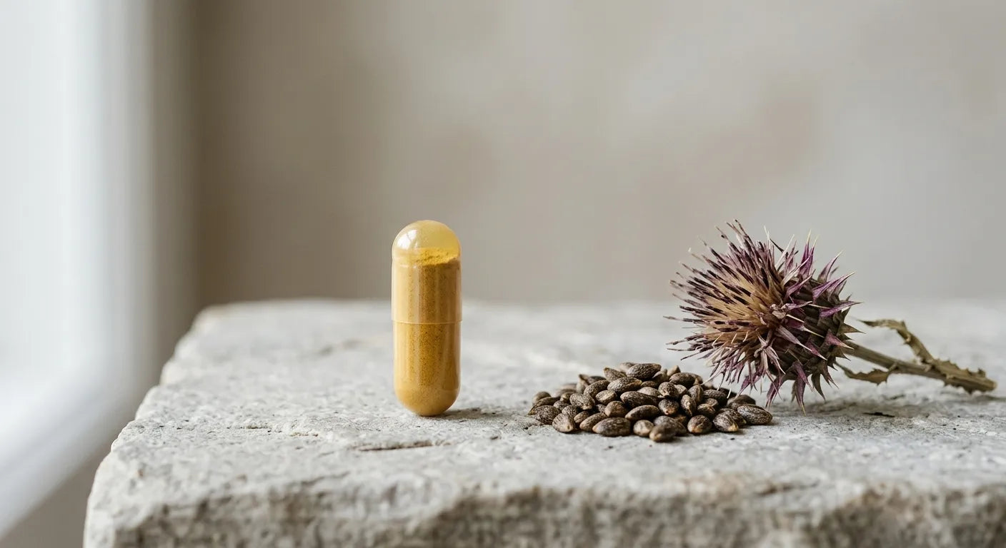A plain supplement capsule beside milk thistle seeds and a dried milk thistle flower head on a light grey surface.