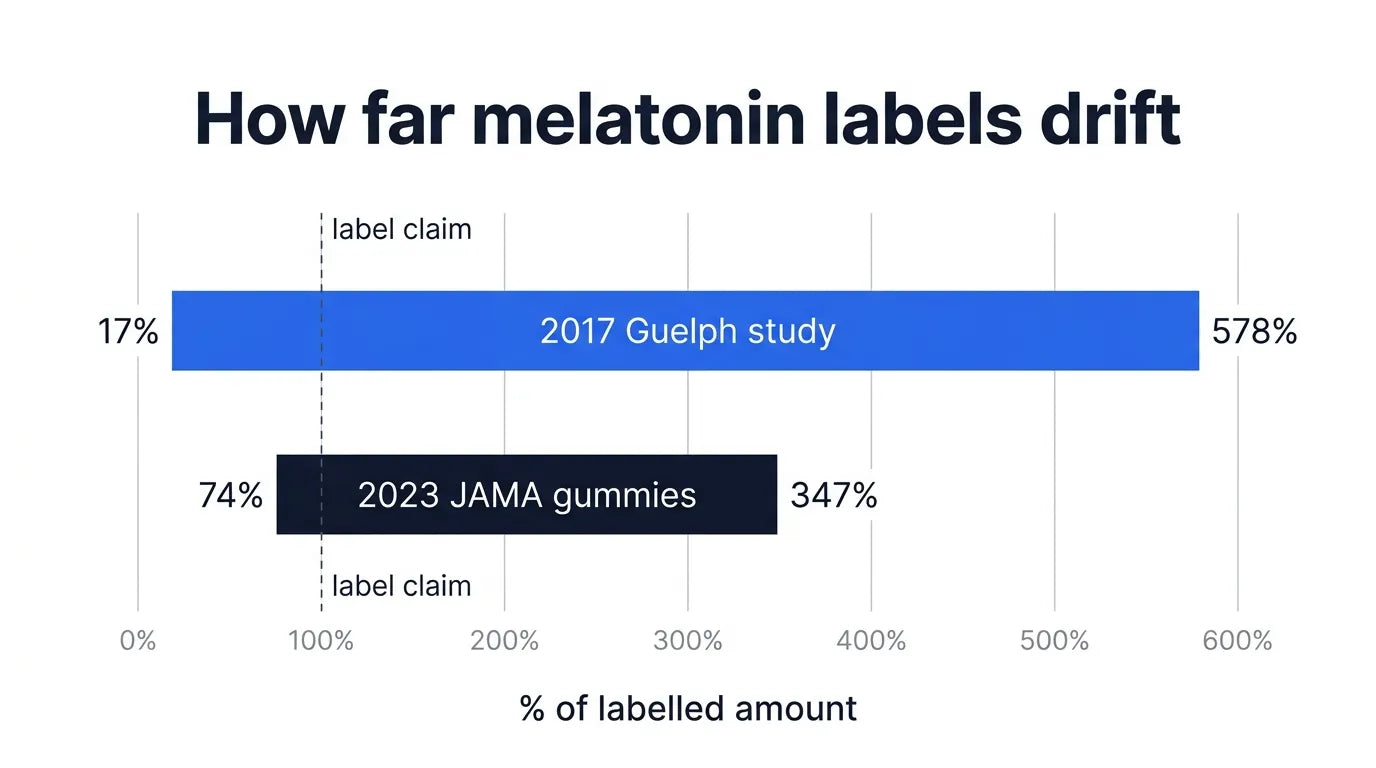 Range chart comparing melatonin label accuracy across two studies: 2017 Guelph products ranged from 17% to 578% of the labelled amount, and 2023 JAMA gummies from 74% to 347%.