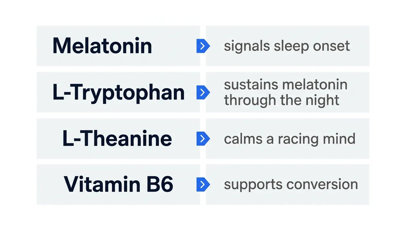 Diagram of a combined sleep formula: melatonin signals sleep onset, L-tryptophan sustains melatonin through the night, L-theanine calms a racing mind, and vitamin B6 supports conversion.