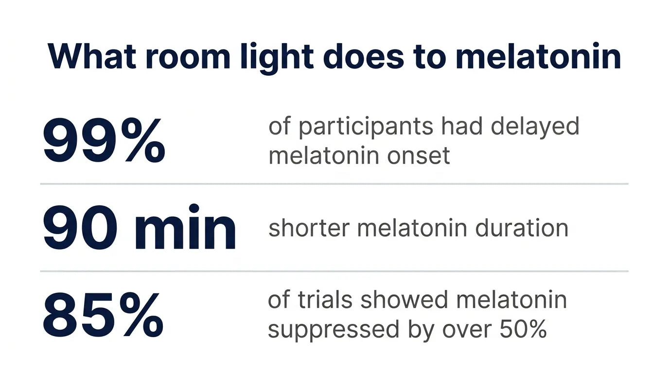 Panel showing room light under 200 lux delayed melatonin onset in 99% of participants, shortened melatonin duration by 90 minutes, and suppressed melatonin by over 50% in 85% of trials.