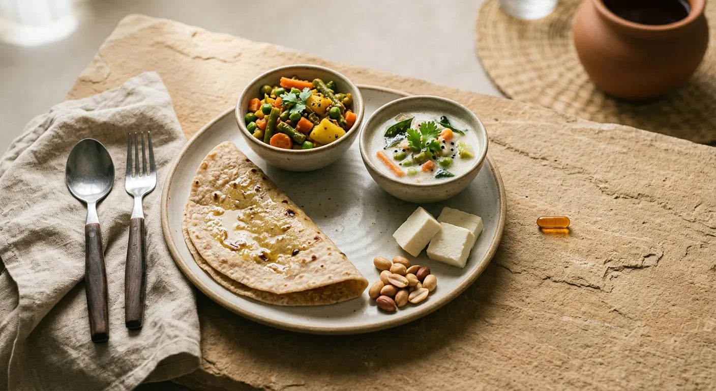 Overhead photograph of an Indian meal with a plain unmarked capsule beside it, showing a folded roti brushed with ghee, a bowl of vegetable sabzi, paneer cubes, roasted peanuts and a coconut based curry on a warm stone surface.